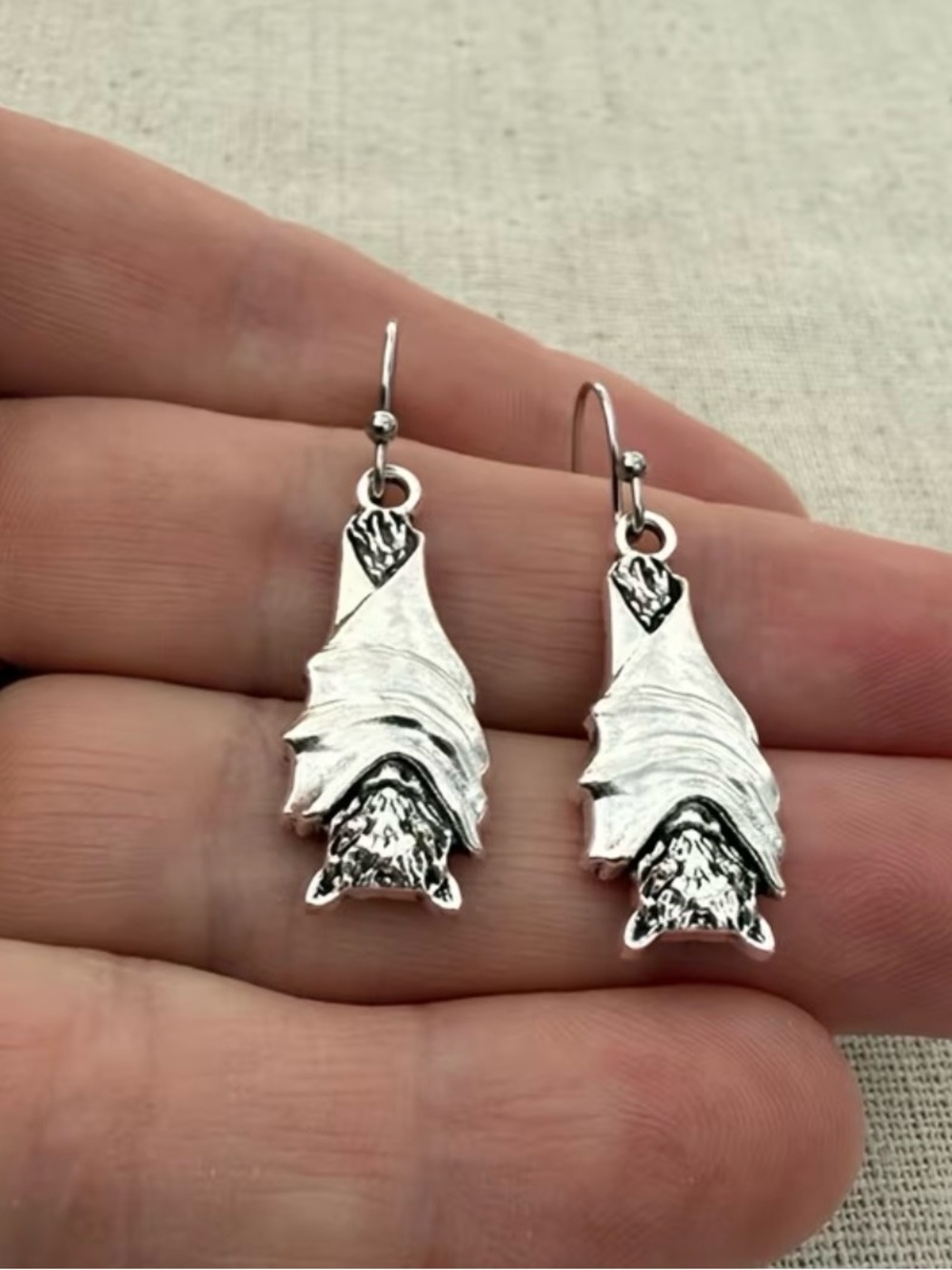 Silver Bat Crossed Wings Dangle Earrings